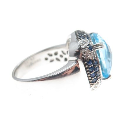 DSMK 925 Sterling Silver Checkered Blue & White Topaz Sapphire Gem Ring Size 7
