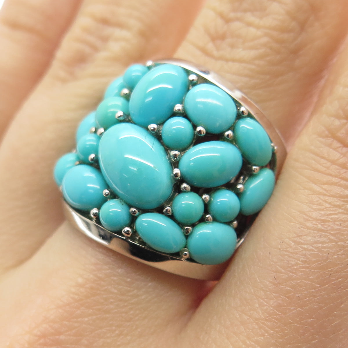 925 Sterling Silver Real Sleeping Beauty Turquoise Gemstone Wide Ring Size 6.25