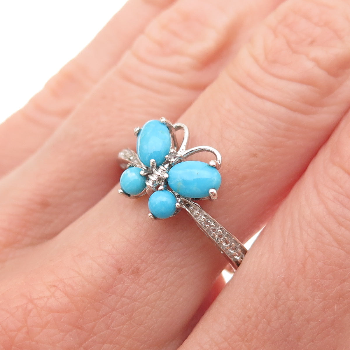 Chuck Clemency 925 Sterling Real Turquoise White Topaz Butterfly Ring Size 8.25