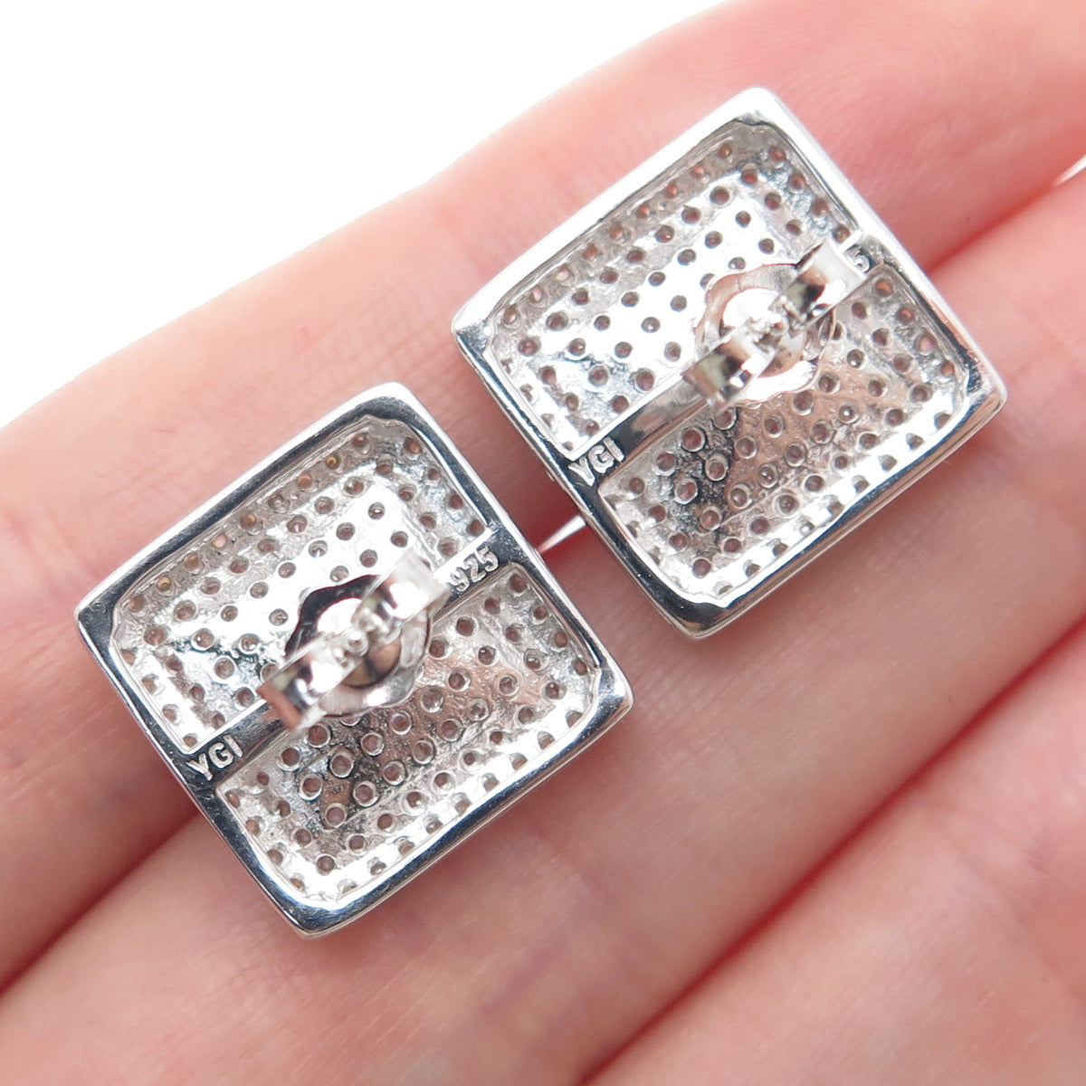 925 Sterling Silver Round-Cut C Z Sparkle Square Stud Earrings