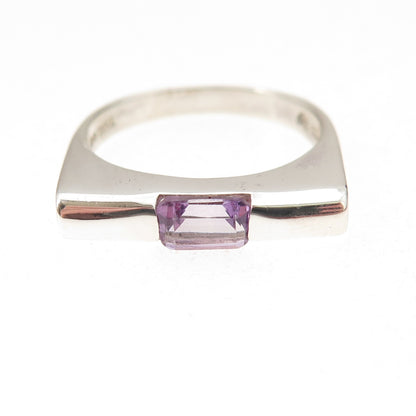 925 Sterling Silver Vintage Real Amethyst Modernist Oxidized Ring Size 7