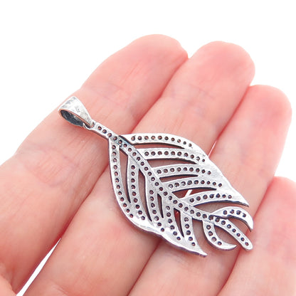 925 Sterling Silver Vintage Round-Cut C Z Feather Oxidized Charm Pendant