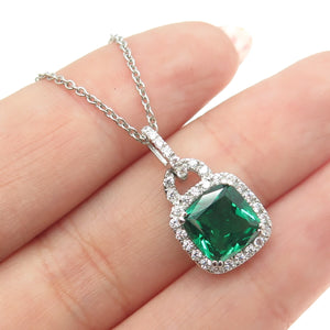 925 Sterling Silver Cushion & Round-Cut Green White C Z Cable Chain Necklace 18"