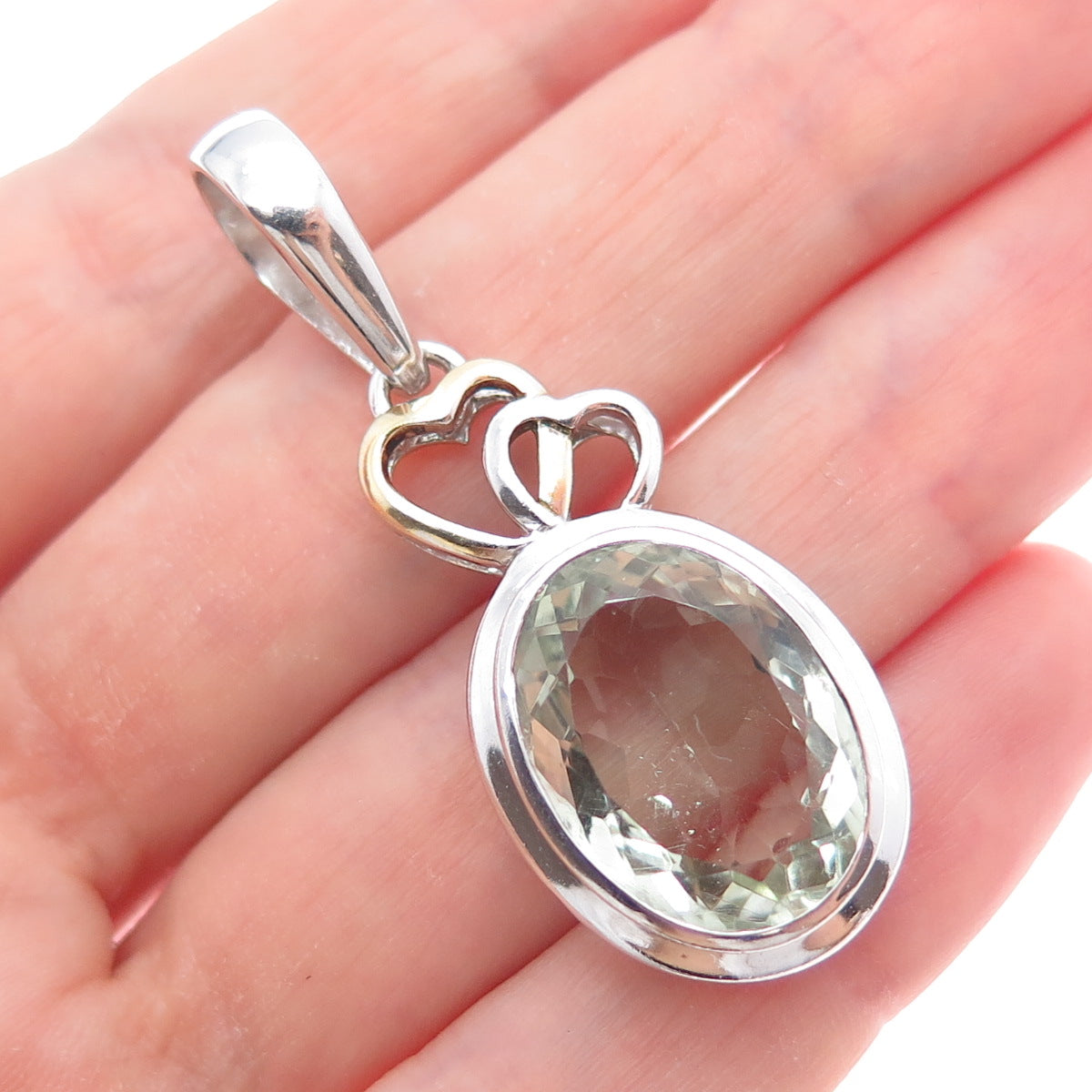 925 Sterling Silver Vintage Real Green Amethyst Couple Heart Charm Pendant