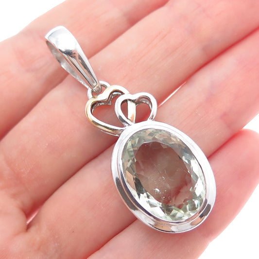 925 Sterling Silver Vintage Real Green Amethyst Couple Heart Charm Pendant