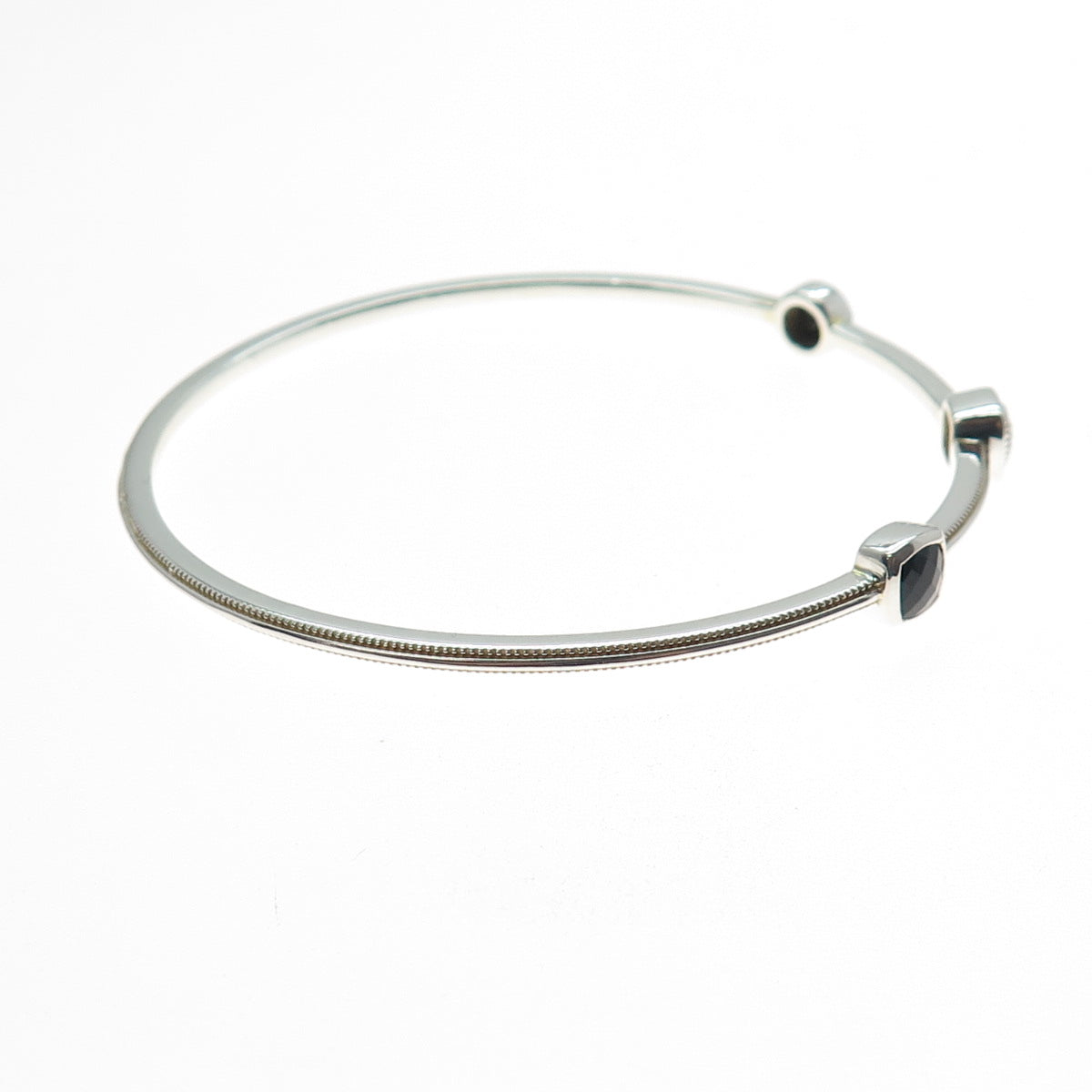 Sun Jewels 925 Sterling Silver Real Diamond & Black Spinel Bangle Bracelet 7.5"