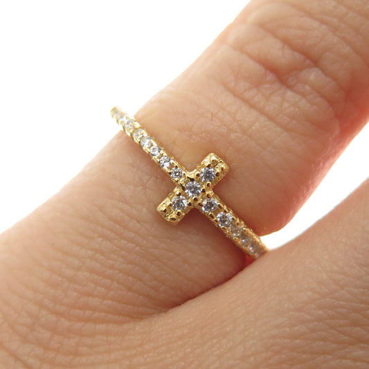 925 Sterling Silver Gold Plated Round-Cut C Z Cross Ring Size 4.75