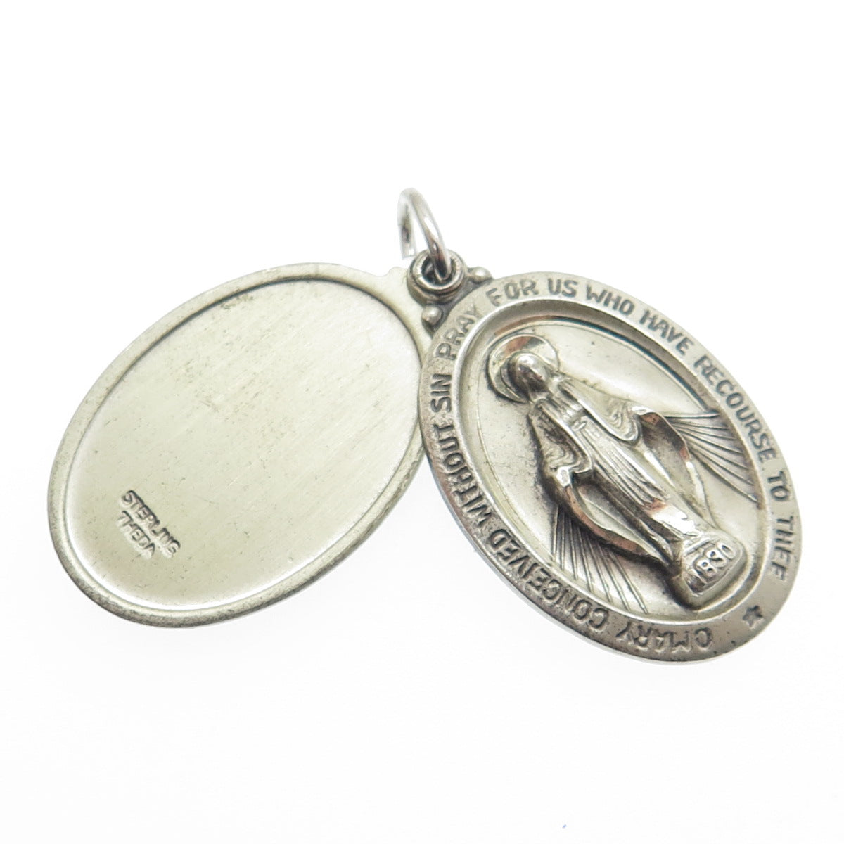 THEDA Sterling Silver Vintage St. Mary Miraculous Slide Medal Religious Pendant