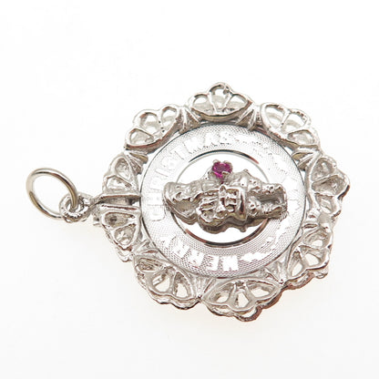 925 Sterling Silver Vintage Pink Rhinestone Merry Christmas Santa Charm Pendant