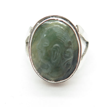 925 Sterling Silver Antique China Export Carved Jade Lady Cameo Ring Size 11.5