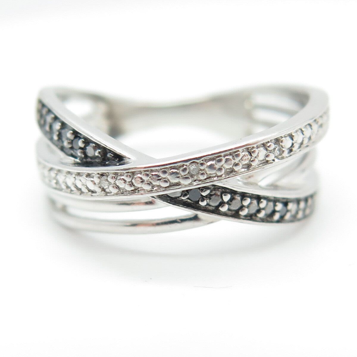 SUN 925 Sterling Silver Real Black & White Diamond Crisscross Ring Size 6.75