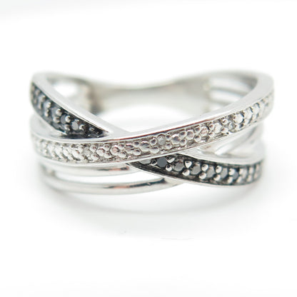 SUN 925 Sterling Silver Real Black & White Diamond Crisscross Ring Size 6.75