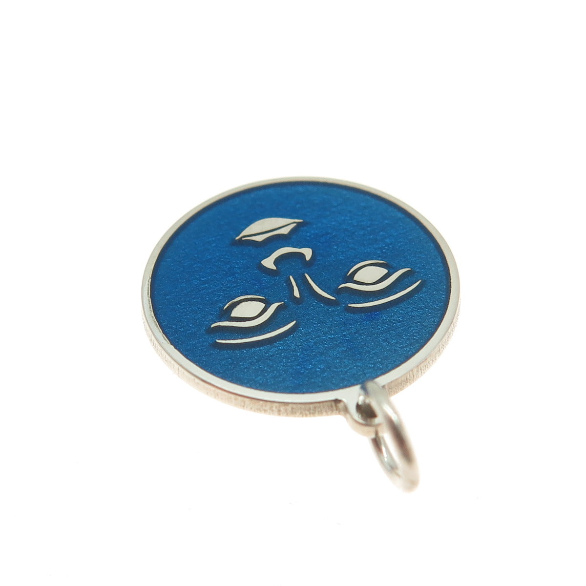 925 Sterling Silver Blue Enamel Moon Face Round Tag Minimalist Charm Pendant