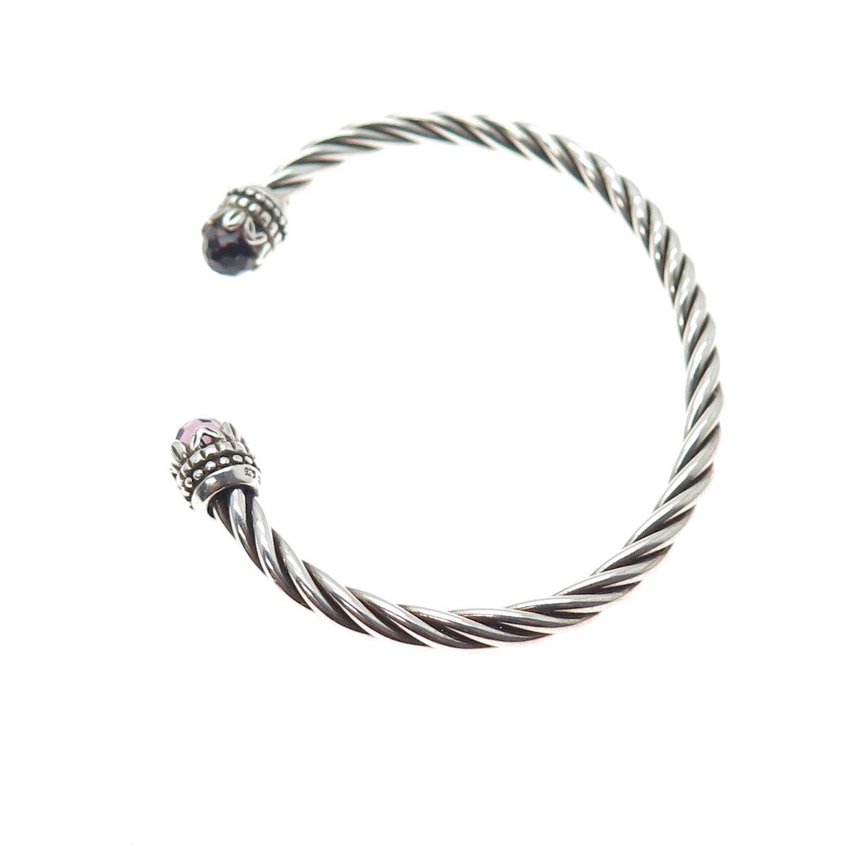 925 Sterling Silver Vintage Nano Amethyst Twisted Adjustable Cuff Bracelet 6"