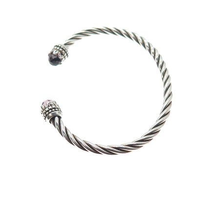 925 Sterling Silver Vintage Nano Amethyst Twisted Adjustable Cuff Bracelet 6"