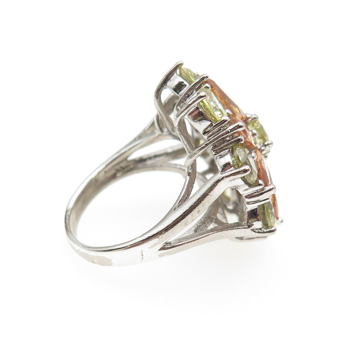 925 Sterling Silver Marquise-Cut Orange & Round-Cut Green C Z Ring Size 7.25