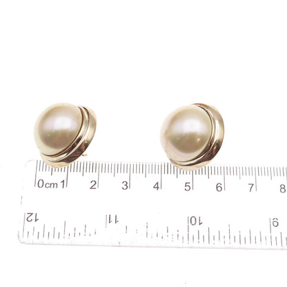 Majorica 925 Sterling Silver Gold Plated Vintage Faux Pearl Omega Back Earrings