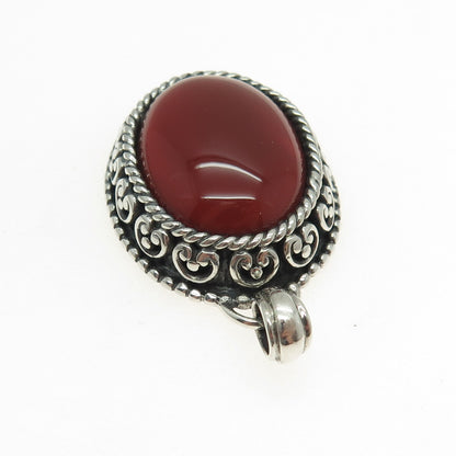 925 Sterling Silver Vintage Real Carnelian Heart Ornate Oxidized Charm Pendant
