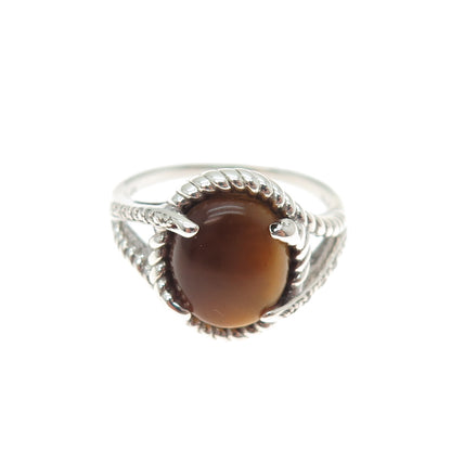925 Sterling Silver Real Round-Cut Diamond & Cabochon Tiger Eye Ring Size 9