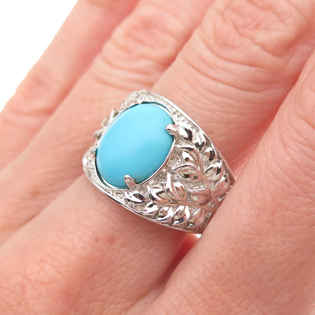 925 Sterling Silver Real Sleeping Beauty Turquoise Floral Ring Size 8