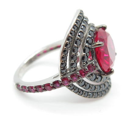 925 Sterling Silver Lab-Created Ruby & Black C Z Multi-Circle Ring Size 6.25