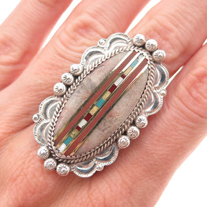 Old Pawn 925 Sterling Turquoise Rhodonite Coral MOP Adjustable Ring Size 8.75