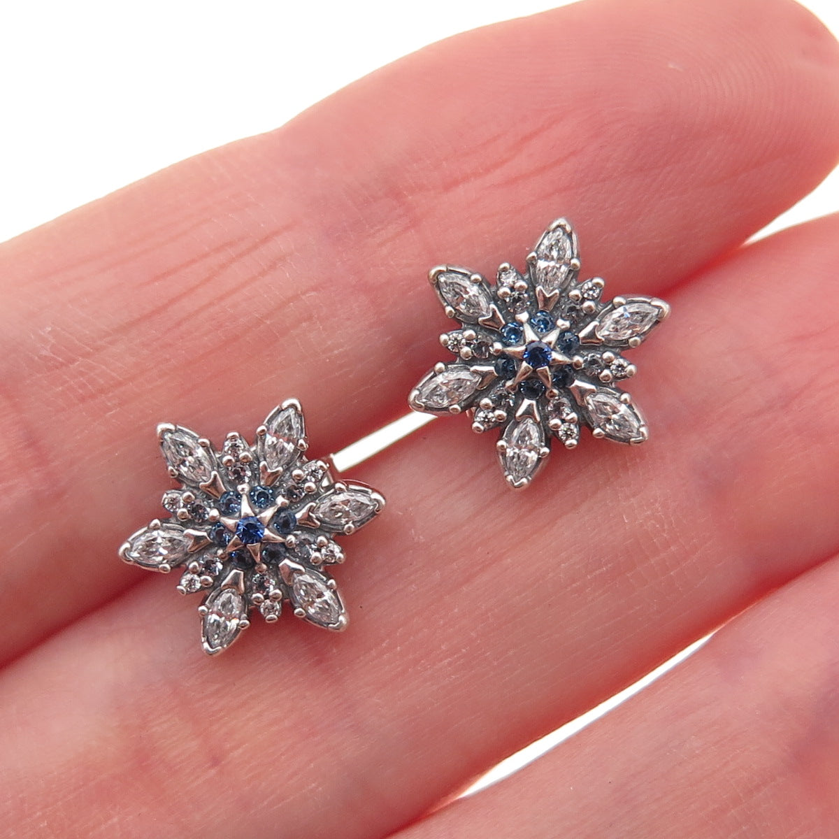 Pandora 925 Sterling Silver White & Blue C Z Sparkling Snowflake Stud Earrings