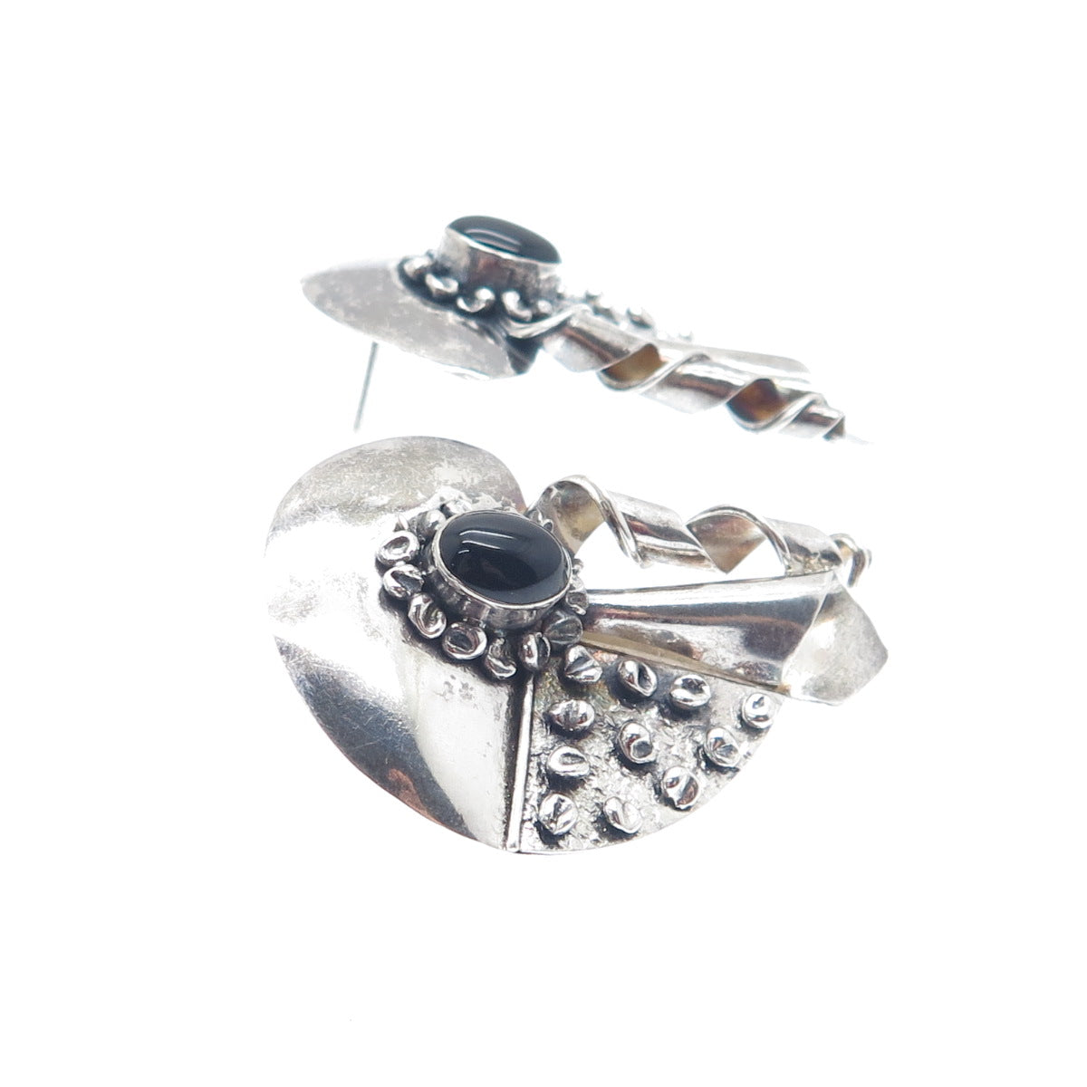 925 Sterling Silver Vintage Real Black Onyx Gemstone Modernist Oxidized Earrings
