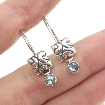 925 Sterling Silver Vintage Real Blue Topaz Gemstone Ornate Dangle Earrings