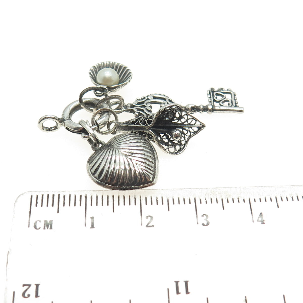 925 Sterling Silver Antique Real Pearl Heart Key Seashell & Calla Flower Pendant