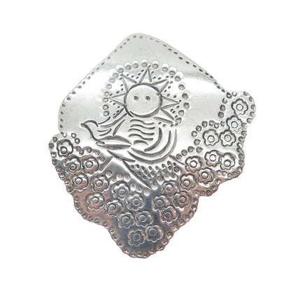 LOS BALLESTEROS Sterling Silver Vintage Mexico Sun & Bird Landscape Pin Brooch