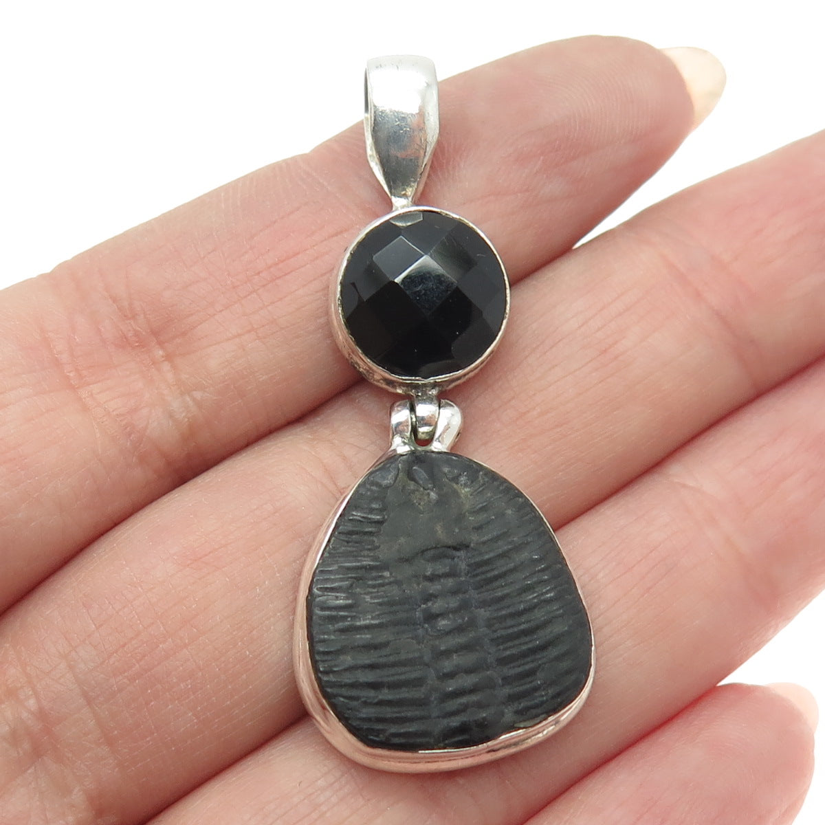 925 Sterling Silver Real Trilobite Fossil & Black Spinel Gem Amulet Pendant