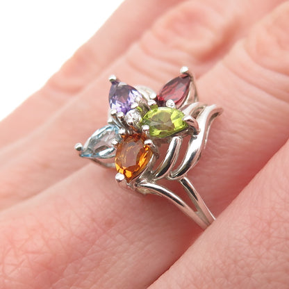 925 Sterling Vintage Real Topaz Garnet Citrine Peridot & Amethyst Ring Size 7.25