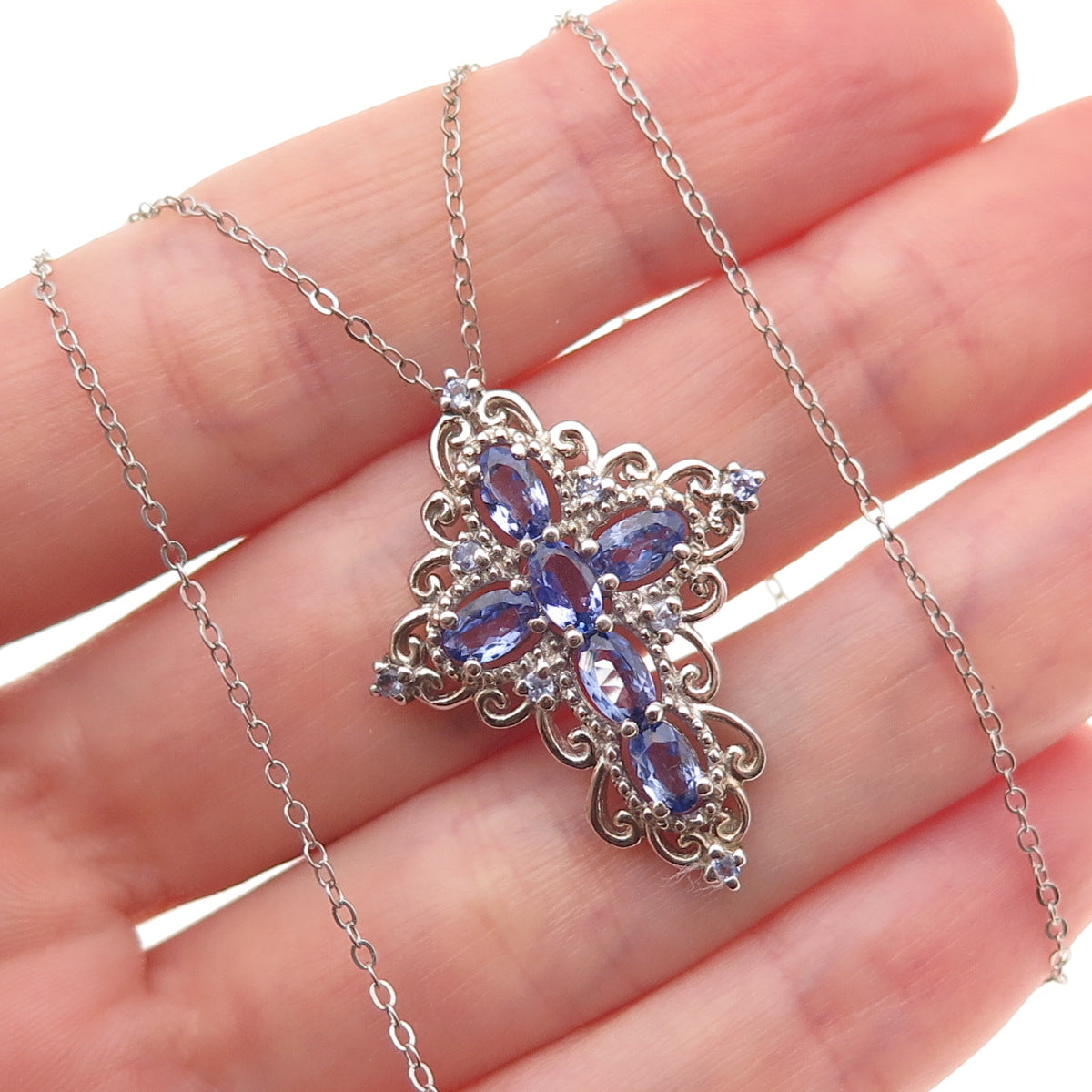 Chuck Clemency 925 Sterling Silver Real Tanzanite Cross Cable Chain Necklace 20"