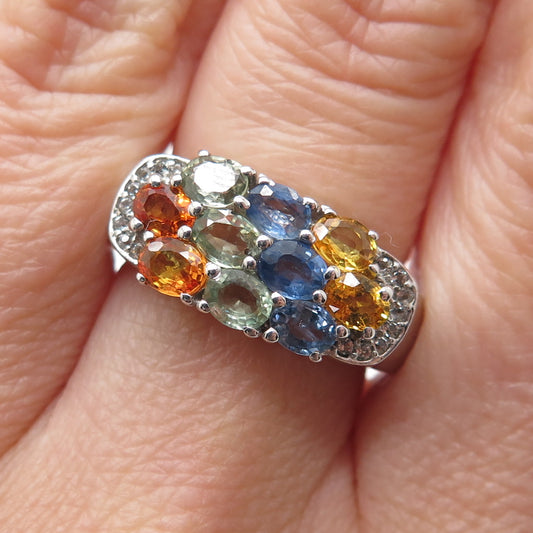 925 Sterling Silver Real Multi-Color Sapphire & White Topaz Cluster Ring Size 7