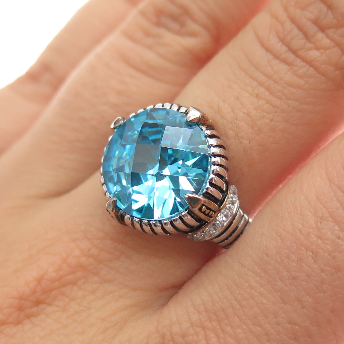 925 Sterling Silver Vintage Blue C Z Modernist Oxidized Ring Size 8.5