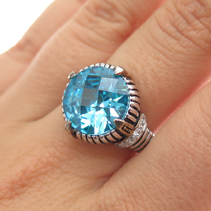 925 Sterling Silver Vintage Blue C Z Modernist Oxidized Ring Size 8.5