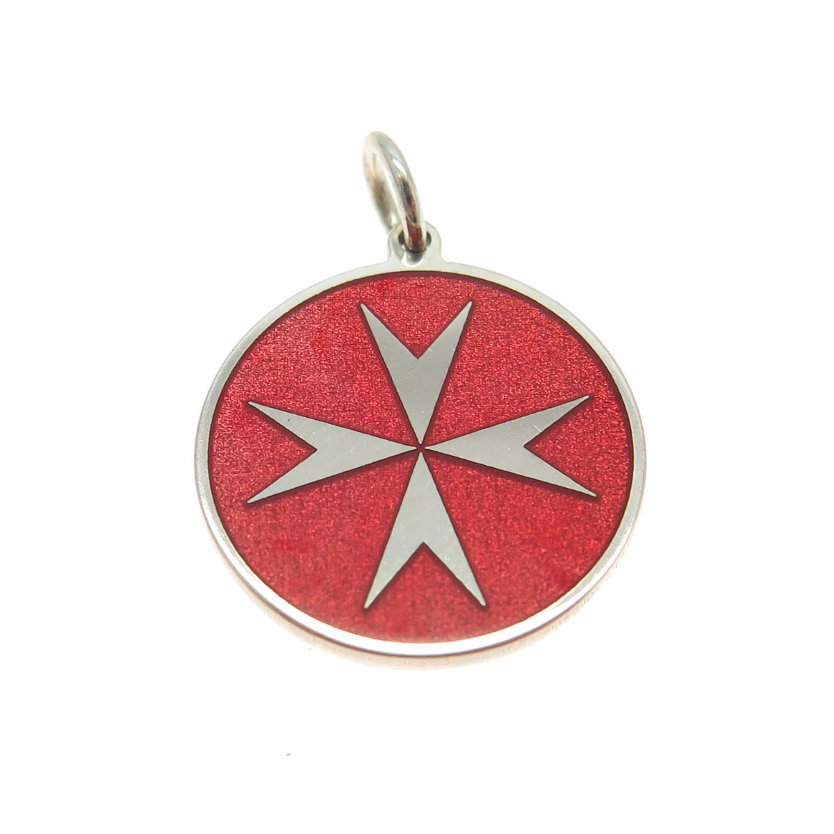 925 Sterling Silver Red Enamel Maltese Cross Round Tag Minimalist Charm Pendant