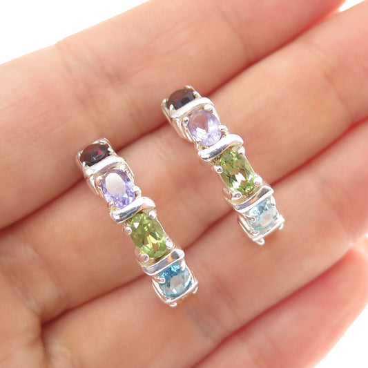 925 Sterling Silver Vintage Real Topaz Amethyst Citrine Peridot Garnet Earrings