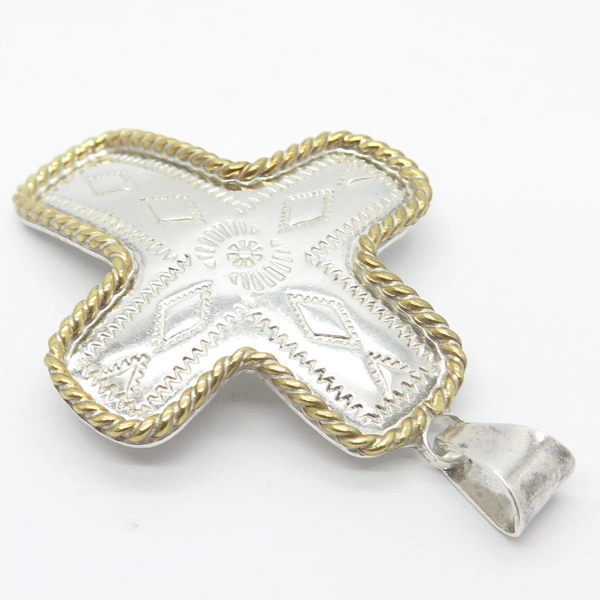 925 Sterling Silver 2-Tone Vintage Carved Ornate Cross Pendant
