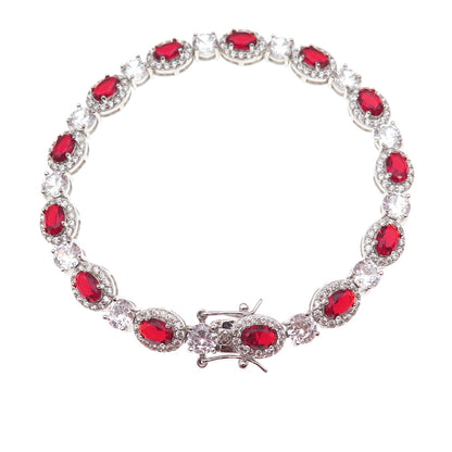 925 Sterling Silver Oval-Cut Red & Round-Cut White C Z Bracelet 7.25"