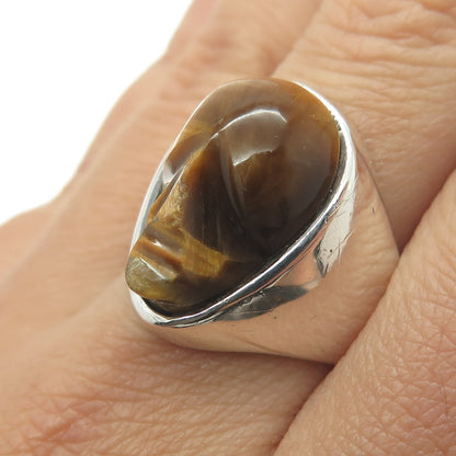 925 Sterling Silver Vintage Mexico Carved Tiger Eye Tribal Face Ring Size 9.75