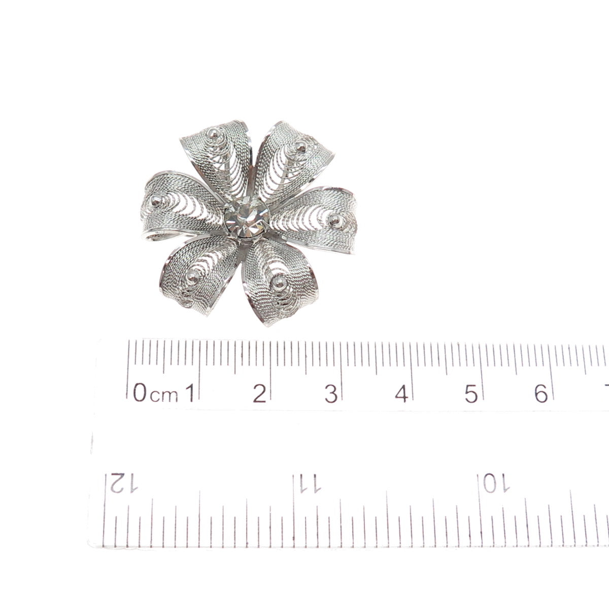 AM LEE Sterling Silver Antique Art Deco Rhinestone Flower Filigree Pin Brooch