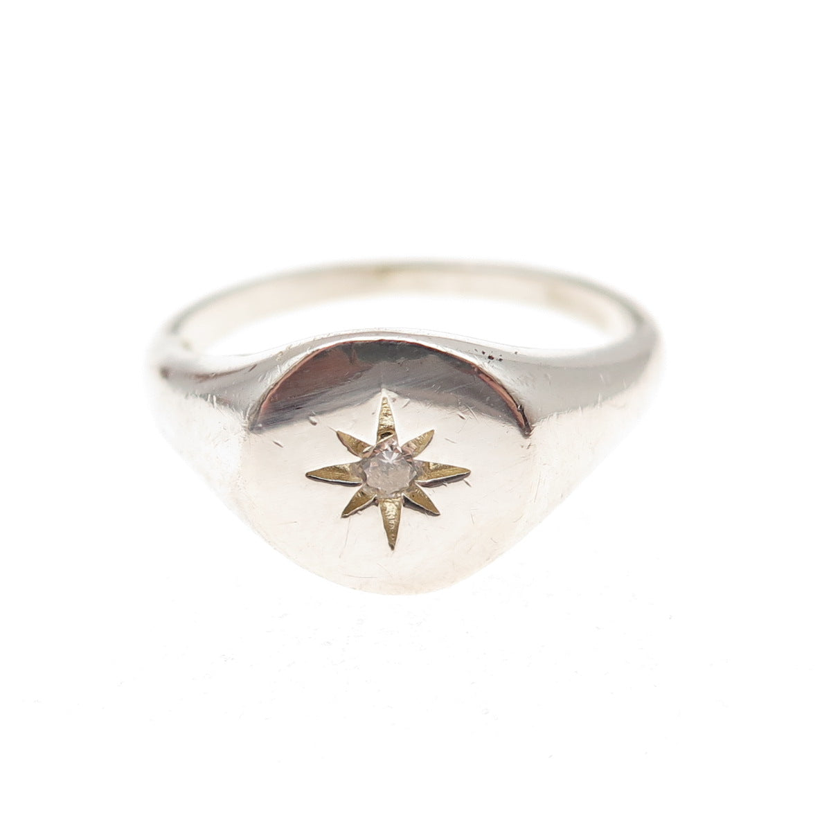 925 Sterling Silver Vintage Round-Cut C Z Starburst Signet Ring Size 7