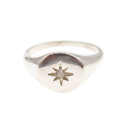 925 Sterling Silver Vintage Round-Cut C Z Starburst Signet Ring Size 7