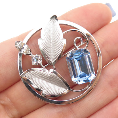 LORAN SIM 925 Sterling Antique Art Deco Blue White Rhinestone Floral Pin Brooch