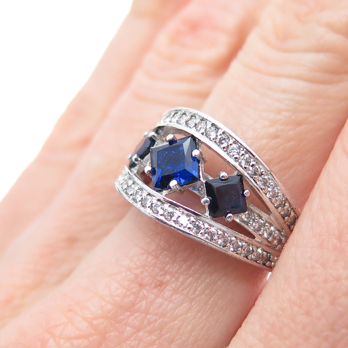 925 Sterling Silver Princess-Cut Lab-Created Sapphire & C Z Ring Size 6.25