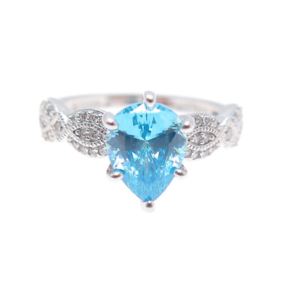 925 Sterling Silver Pear-Cut Blue & Round-Cut White C Z Ring Size 8.25