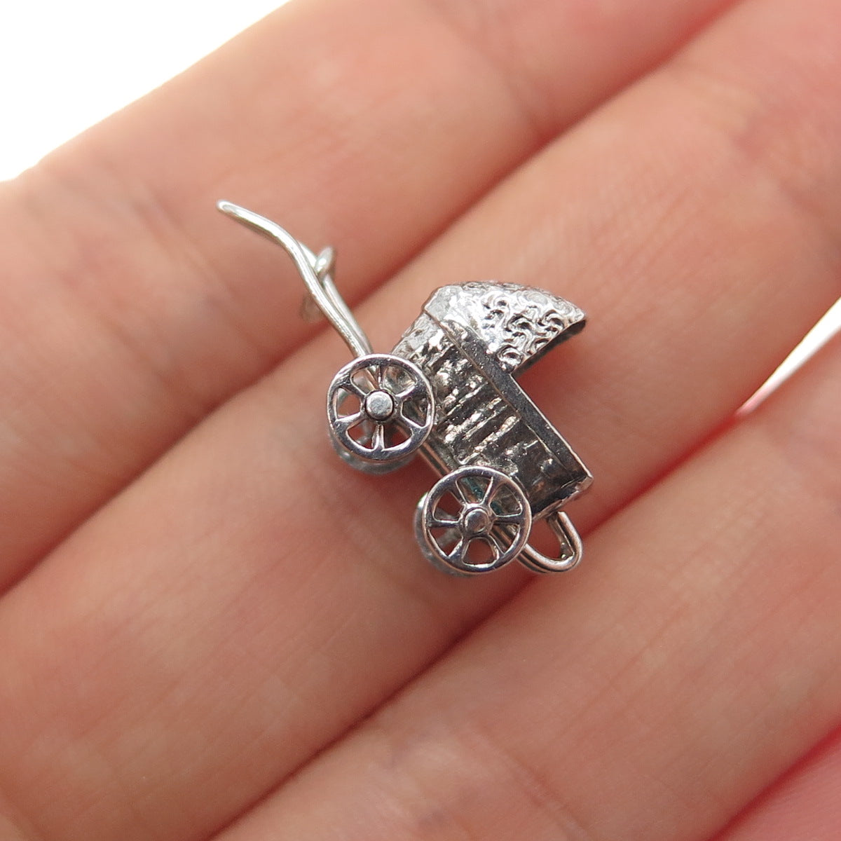 925 Sterling Silver Antique Art Deco Baby Stroller Minimalist 3D Charm Pendant