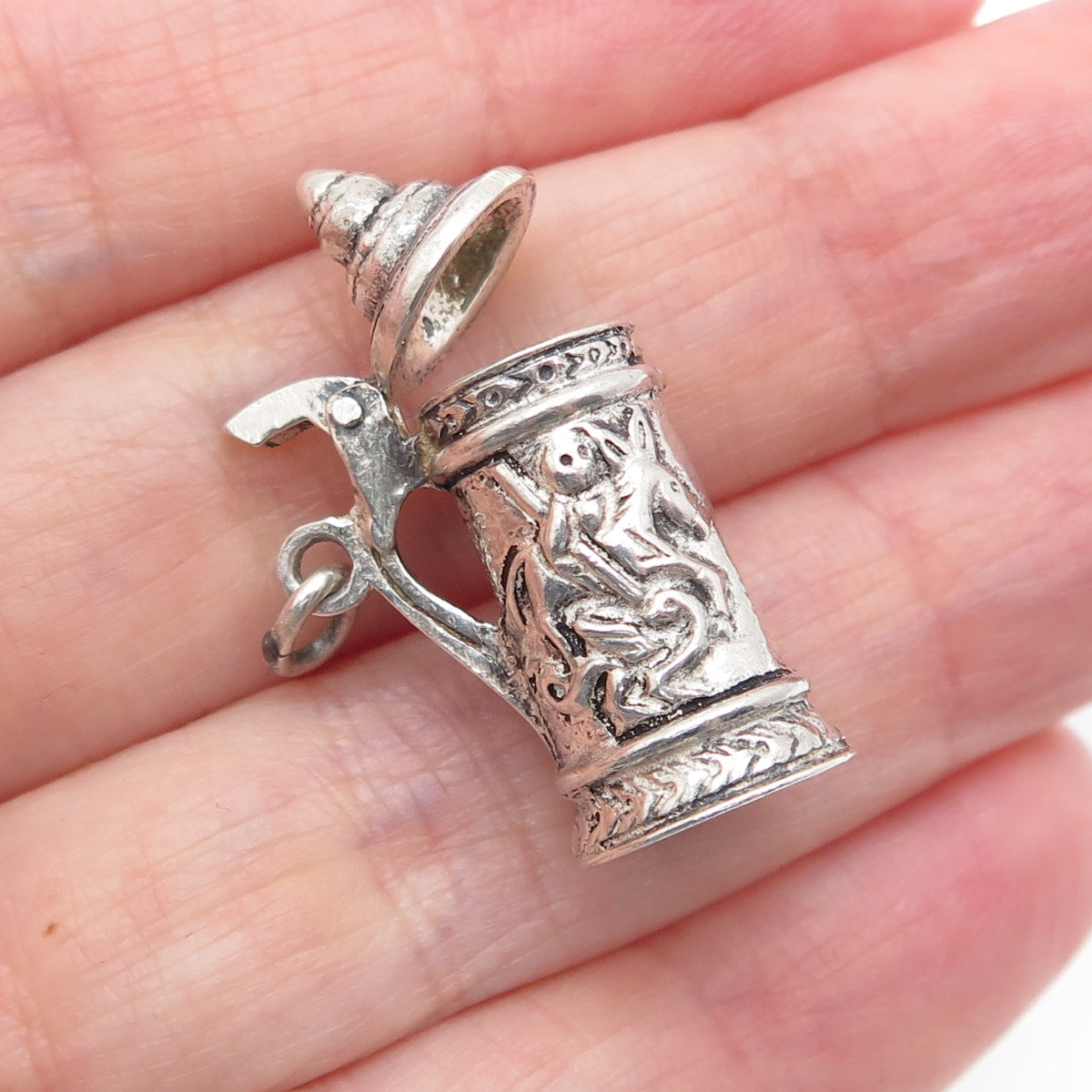 925 Sterling Silver Vintage Beer Stein Oxidized Locket 3D Charm Pendant